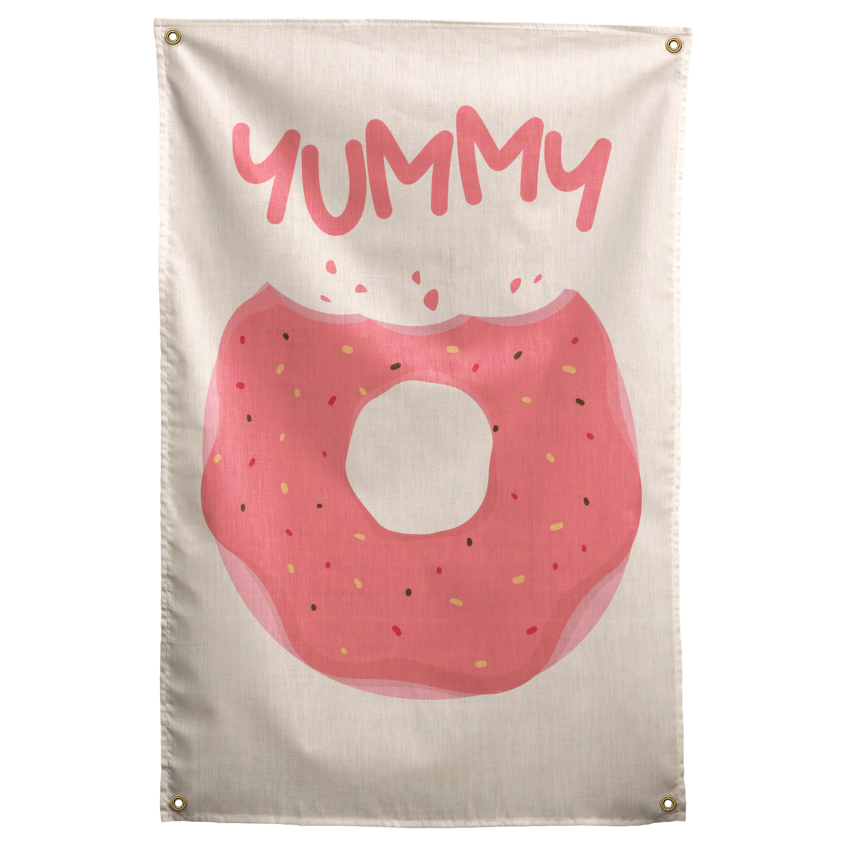 A pink-iced doughnut with sprinkles and a large bite sits below YUMMY lettering on this cream Wall Rebel fabric wall flag.