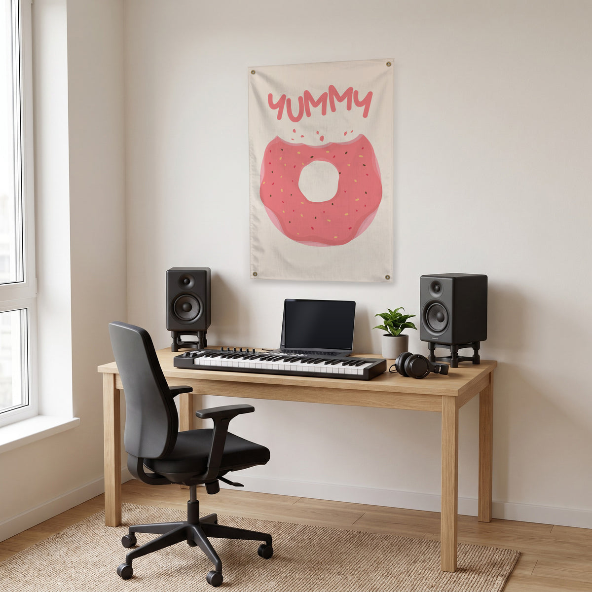Yummy Pink Doughnut Wall Flag in the studio room mockup.
