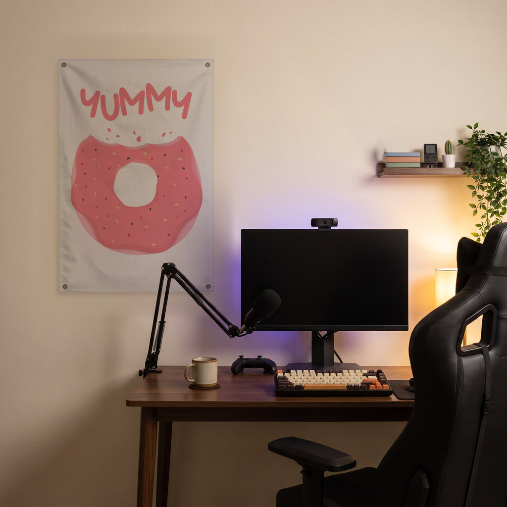 Yummy Pink Doughnut Wall Flag in the streaming nook room mockup.